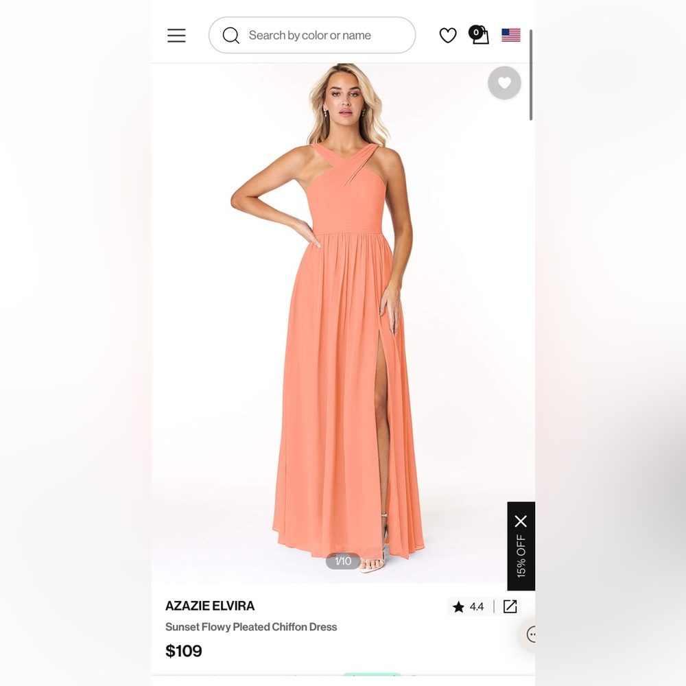 Azazie Elvira sunset flowy pleated chiffon bridesmaid dress in size A4.
